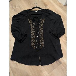 Black & Gold Button Up Peasant Top Boho Gypsy Western